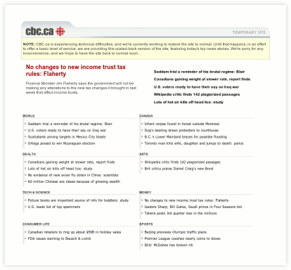 CBC.ca website during technical difficulties